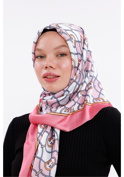 Tarzını Seç Zincir Desenli Pudra Pembe Şifon Saten Eşarp - 100x100 Cm