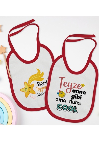 BK Kids Teyze Tasarımlı 2’li Kırmızı Mama Önlüğü-1 Kırmızı