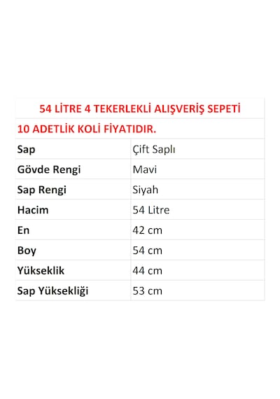 54 Litre 4 Tekerlekli Plastik Alışveriş El Sepeti Mavi 10 Adet / En:42 Boy:54 Yükseklik:44 Cm