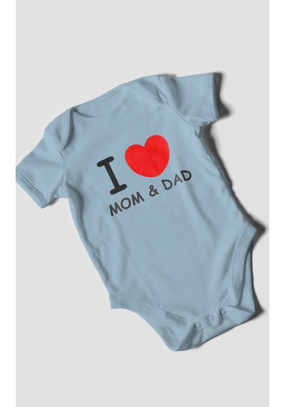 I Love Mom And Dad Baskılı Bebek Zıbını Çıtçıtlı Body %100 Pamuk Kısa Kol Bebe Mavisi