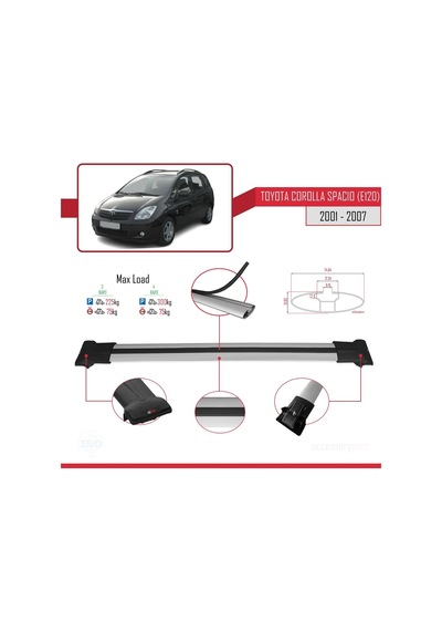 Toyota Corolla Spacio E120 2001-2007 Arası İle Uyumlu Fly Model Ara Atkı Tavan Barı Gri 3 Adet Bar