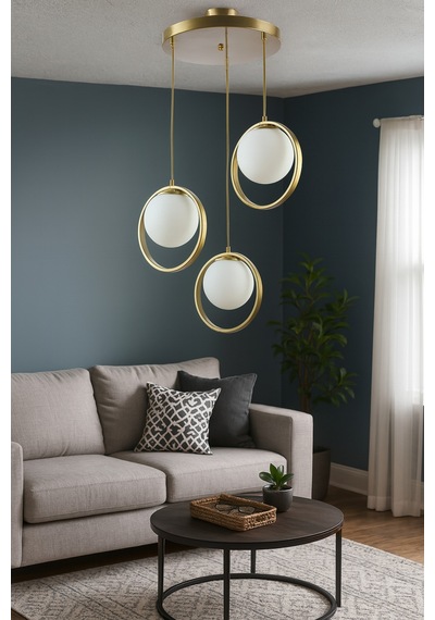 Nina Modern Salon - Mutfak - Yatak Odası Metal Halkalı Kapalı Camlı Üçlü Avize Gold Gold