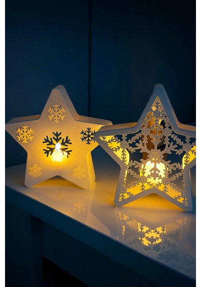Yılbaşı Temalı Yıldız Dekor Seti 15 Cm Işıklı Led Mumlu Kar Tanesi - 2'li Set Noel Yıldızı Set - 799524671