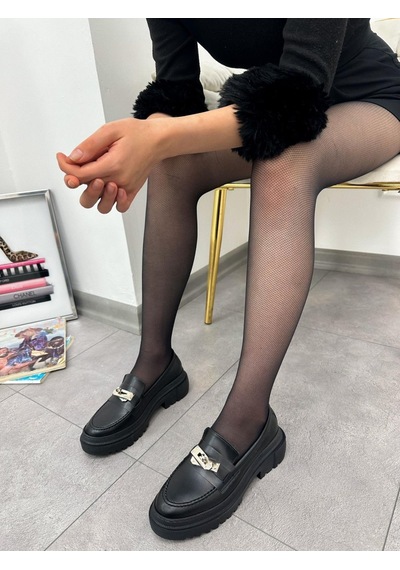 Erva'nın Butiği Siyah Cilt Chain Toka Detay Kadın Loafer-4876