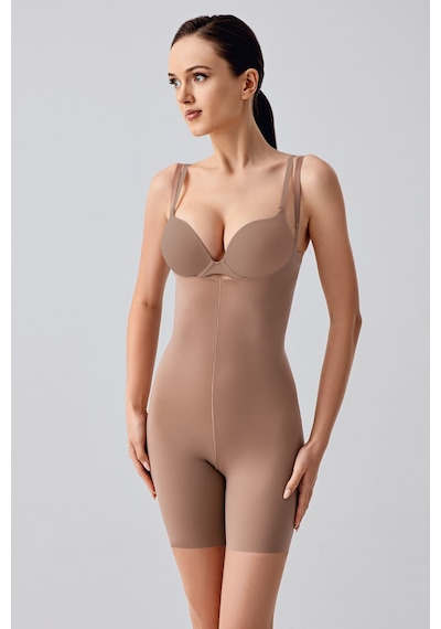Newbra Lazer Kesim Göğsü Açık Şort Korse - Capucıno Açık Kahverengi