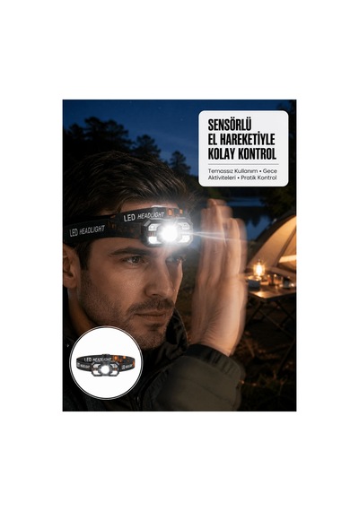 Şarj Edilebilir Led Far Hareket Sensörlü 5 Modlu Outdoor Yeni Nesil Siyah