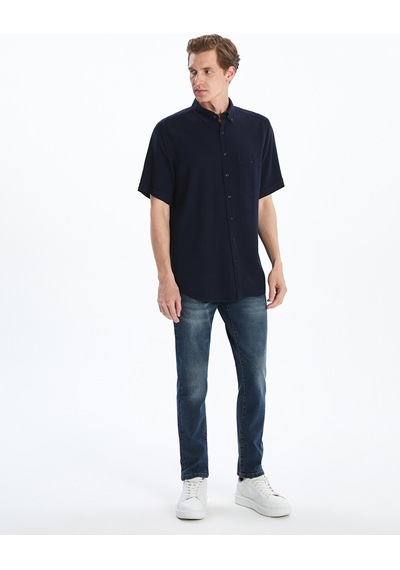 Lcwaıkıkı Classic Lacivert Regular Fit Kısa Kollu Keten Karışımlı Erkek Gömlek