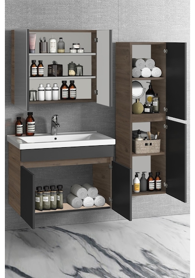 Çiğdem 80+35 Cm Atlantik Çam-Antrasit Gri Mat Mdf Seramik Lavabol Antrasit - Atlantik Çam