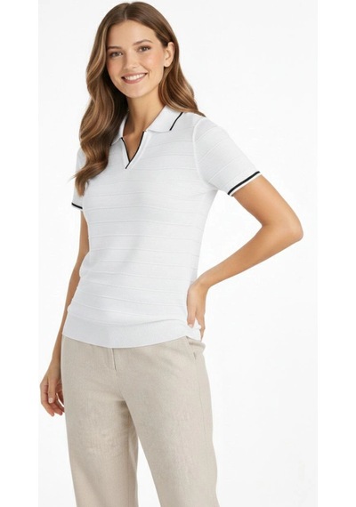 Wear Vexel Kadın Yazlık Dokuma Triko Tişört Düğmesiz Polo Yaka Kısa Kol T-shirt - Beyaz Beyaz
