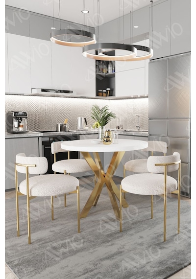Avvio Lea Mat Gold Ayak 4'lü Teddy Sandalye 90x90 Masa Sandalye Takımı Sandalye Bukle Kumaş Beyaz