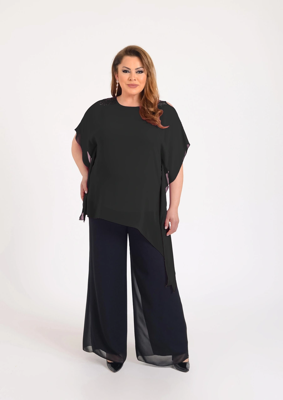 Lilas Xxl Büyük Beden Siyah Renkli Asimetrik Kesim Şifon Bluz Siyah