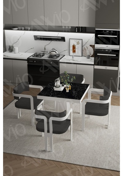 Avvio Dora Lake Mdf Ayak Tokyo Demonte Sandalye 80x80 Yemek Masası Mutfak Masası 4 Kişilik Siyah Mermer