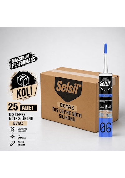 Selsil Beyaz Nötr Dış Cephe Silikonu 300 Ml Uv Dayanımlı Cam Pvc Beton Derz Dolgu Mastiği 25 Adet 1 Koli