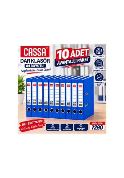 7290 Dar Klasör A4 Mavi 10 Adet Avantajlı Ekonomik Paket