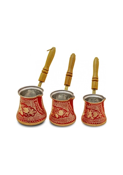 Bakır Cezve Özel İşlemeli Kırmızı 3'lü Set