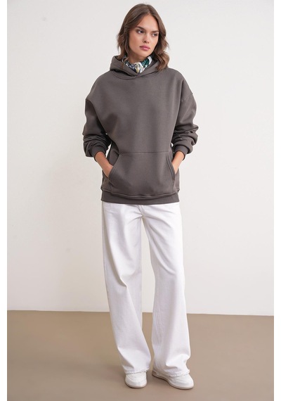 Mixray 2022 Unisex 3iplik Basic Polarlı Kapüşonlu Sweatshirt Hoodie Antrasit