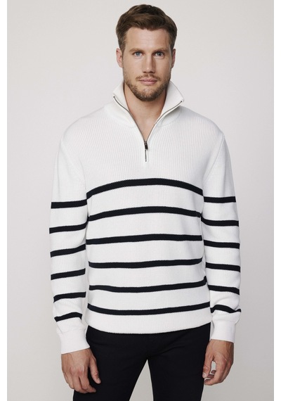 Tudors Erkek Slim Fit Fermuarlı Dik Yaka Çizgili Pamuklu Triko Kazak-27796 Çok Renkli