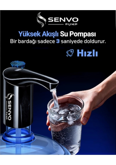 Senvo Pump Damacana Su Pompası Hızlı Dolum, Ultra Sessiz, Tek Şarjla 15 Damacanaya Kadar Siyah