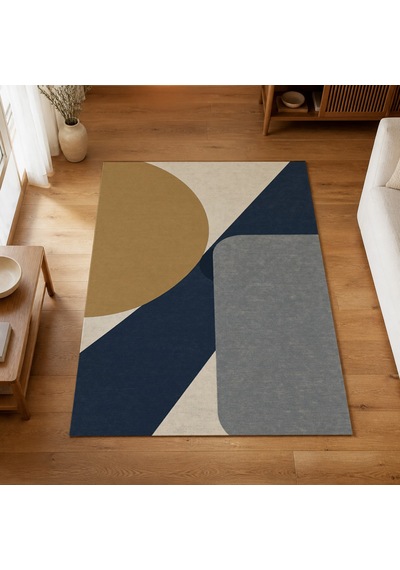 Kartela Halı Kesişim Geometrik Modern Halı Lacivert Kaymaz Taban Makinede Yıkanabilir 120x180 Cm