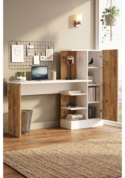 Yurudesign Laura Kitaplıklı Çalışma Masası Atlantik Çam Beyaz CT2