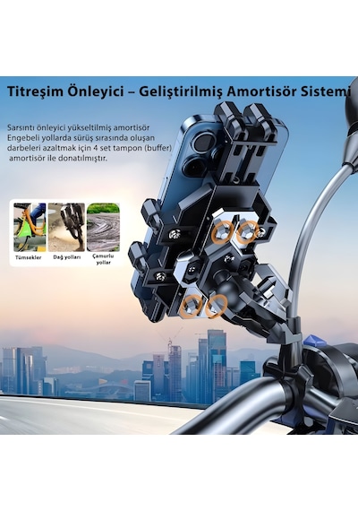 H08 Titreşim Önleyici Motosiklet Telefon Tutucu | CNC Alüminyum Gövde, 8 Kıskaçlı Güçlü Kilit, Kamera Korumalı, Evrensel Uyum