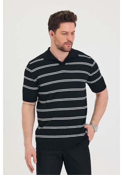 Tarz Cool Erkek Polo Yaka Çift Çizgi Detaylı Triko T-shirt Siyah