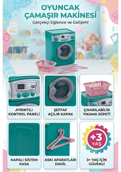 Aksesuarlı Çamaşır Makinesi Sepet Ve Askılı Eğitici 15 Cm Açılır Kapaklı Oyuncak Çamaşır Makinesi
