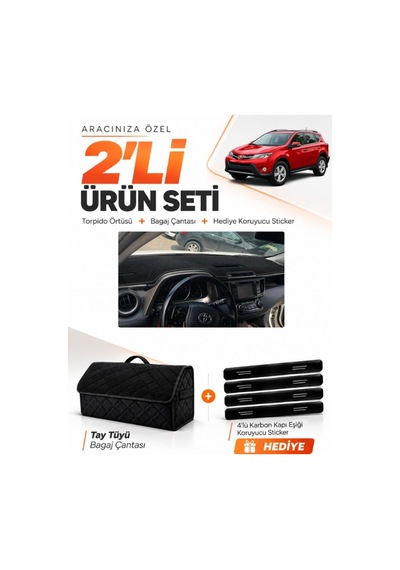Toyota Rav4 2013-2018 Uyumlu Torpido Örtüsü + Tay Tüyü Bagaj Çantası + Sticker Seti - Siyah