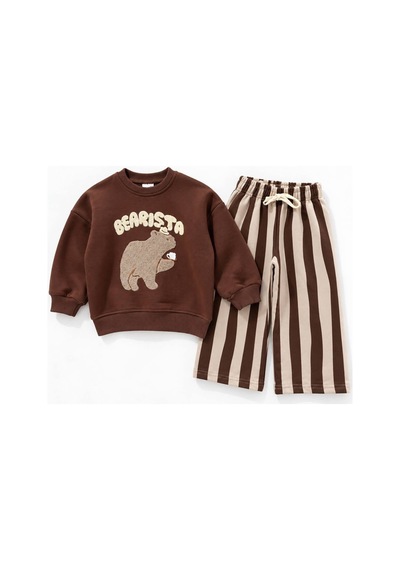 Bearista Ayı Baskılı Sweatshirt Çizgili Eşofman 3ip Alt Üst İkili Takım Kahverengi