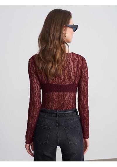Dilvin 32764 Kayık Yaka Dantel Top-bordo
