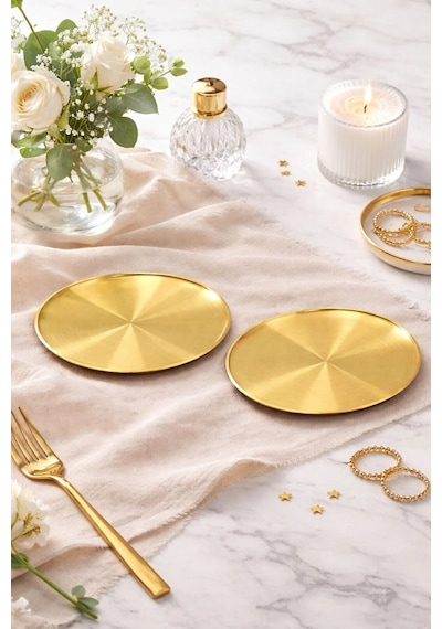 2 Kişilik Lüks Gold Metal Sunumluk Tepsi Sunum Servis Tepsisi 20cm Altın - Gold