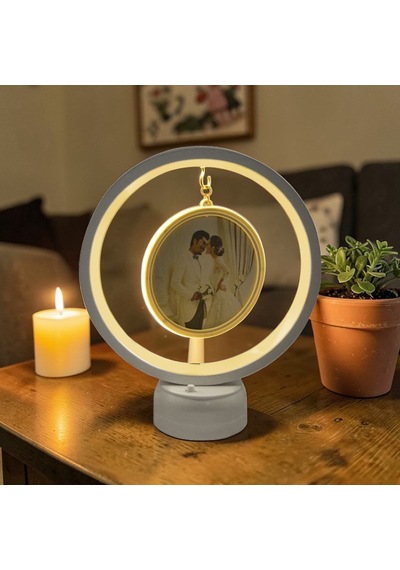 Led Işıklı Yuvarlak Fotoğraf Çerçevesi Kişiye Özel Fotoğraf Baskılı Resimli Gece Lambası Beyaz