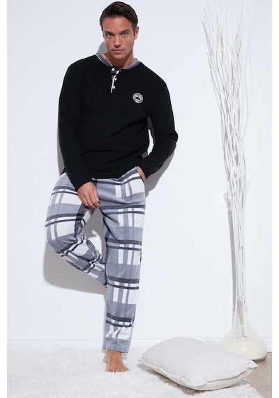 Buratti Ekoseli Regular Fit Düğmeli Bisiklet Yaka Kışlık Polar Erkek Pijama Takımı 60961008 Siyah
