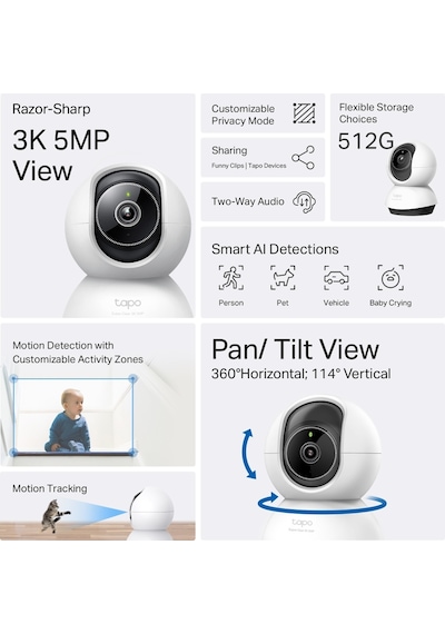 Tp-lınk Tapo Tc74 C230 , 3k, 5,0mpix, İç Mekan, Wifi, 12mt. Gece Görüşü, 360 Dönüş, İki Yönlü Ses Güvenlik Yapay Zeka Destekli Kamera