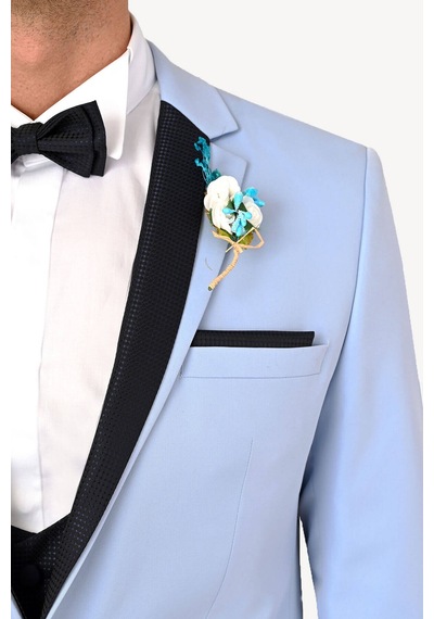 Ysf Erkek Açık Mavi Slim Fit Mono Yaka Yelekli Damatlık