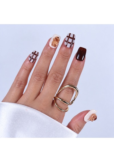 Kahverengi Nail Art Kısa Kare 10'lu Tekrar Kullanılabilir El Yapımı Protez Takma Tırnak Kkkr1575 M
