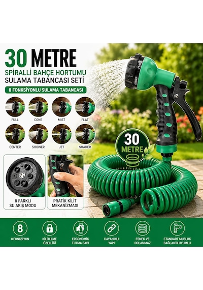 30 Metre Spiralli Hortum Seti 8 Fonksiyonlu Sulama Tabancası