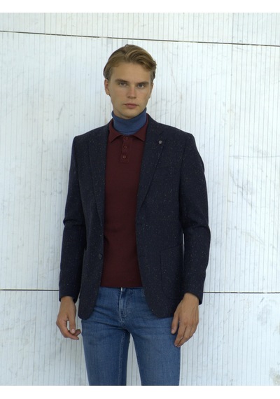 Erkek Yün Ceket Nopeli Mono Yaka Torba Cep Çift Yırtmaç Slim Fit Ceket Ncs Jeans 4003-Lacivert