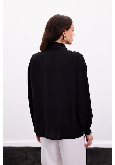 Sateen Çıtçıt Detaylı Gömlek - Siyah-136896 Siyah