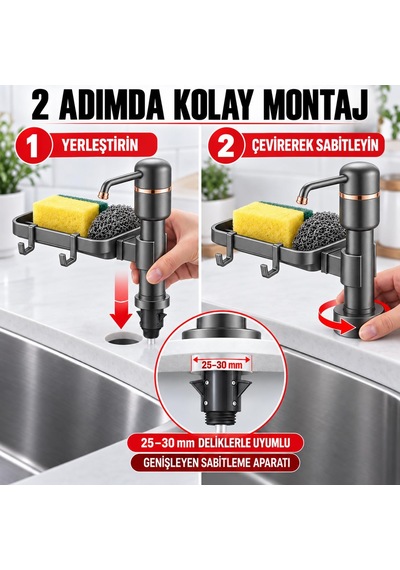 Valkyrie 2 Si 1 Arada Siyah Mutfak Sıvı Sabunluk Ve Süngerlik Seti Tezgah Üst Pompalı Dispenser 360