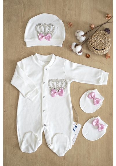 Sitilin Kız Bebek Papyonlu Pembe Taşlı Süslü Tulum Seti 0-3 Ay Stl6372 Pembe