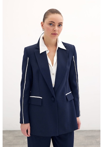 Sateen Kontrast Salaş Ceket - Lacivert-134593 Lacivert