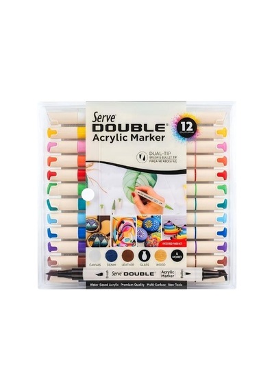 Serve Double Çift Uçlu Akrilik Marker Kalem Seti Fırça Ve Keçeli Uç 12 Renk Svdam12p Çok Renkli