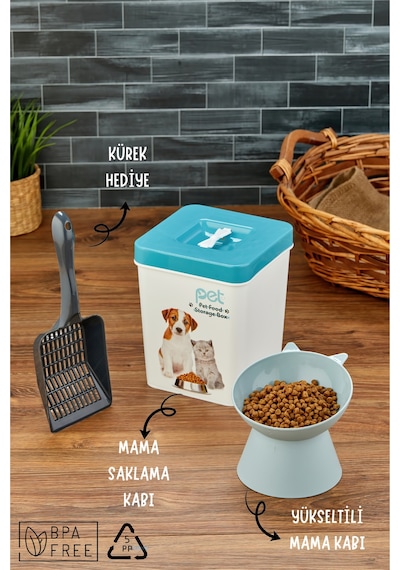 Evcil Hayvan Kedi Ve Köpek Mama Saklama Kabı & Mama Kabı Seti Kürek Hediyeli 3'lü Set - Mavi