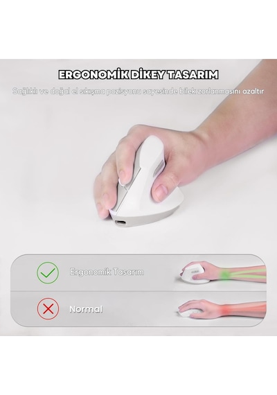 İ300 Kablosuz Ergonomik Dikey Mouse- 84gr-sessiz Tıklama- 57 Açı-16.000 Dpı Diğer