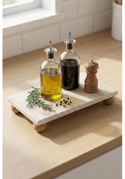Ayaklı Doğal Mermer Sunum Tablası & Dekoratif Yağdanlık Altlığı 12x24x4 Cm Beyaz