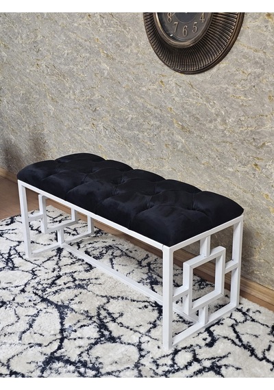 Zafir Beyaz Boyalı İçi Kareli Diktörtgen 100 Cm X 40 Cm Oturak Puf - Bench - Makyaj Oturağı - Oturak Siyah