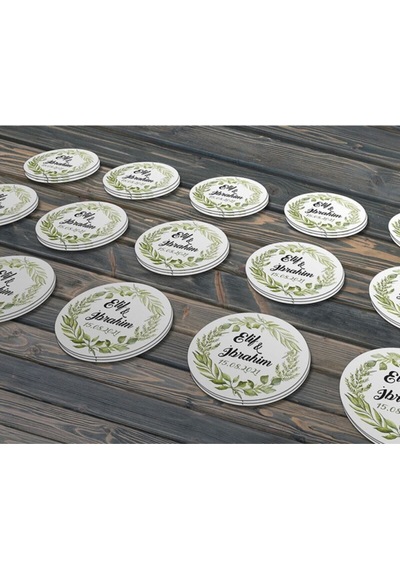 Yeşil Yapraklı Çelenk Modeli Ürünlerinize Özel 3cm - 100 Adet Opak Sticker Renkli