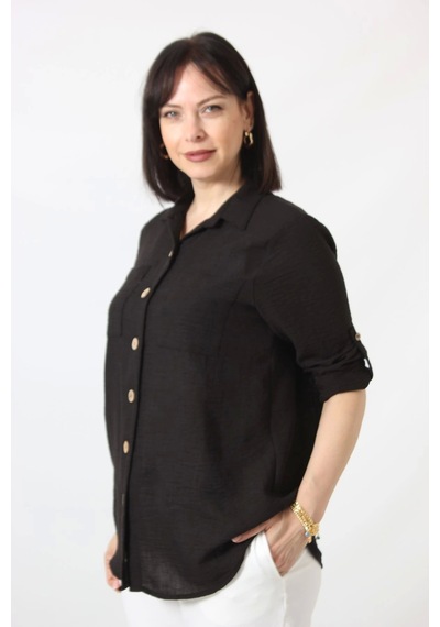Moda Berray Sb-077 Siyah Pamuk Keten Kolu Apoletli İki Cepli Kadın Büyük Beden Gömlek Siyah Moda Berray Sb-077 Siyah Pamuk Keten Kolu Apoletli İki Cepli Kadın Büyük Beden Gömlek Siyah