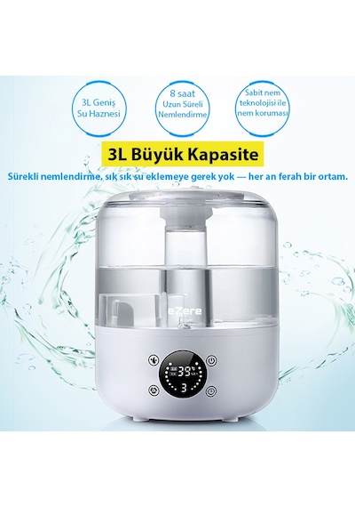 Ezere Th-413 Akıllı Dijital Hava Nemlendirici 3l Kapasite, Dokunmatik Panel, Uzaktan Kumanda, Sessiz Çalışma